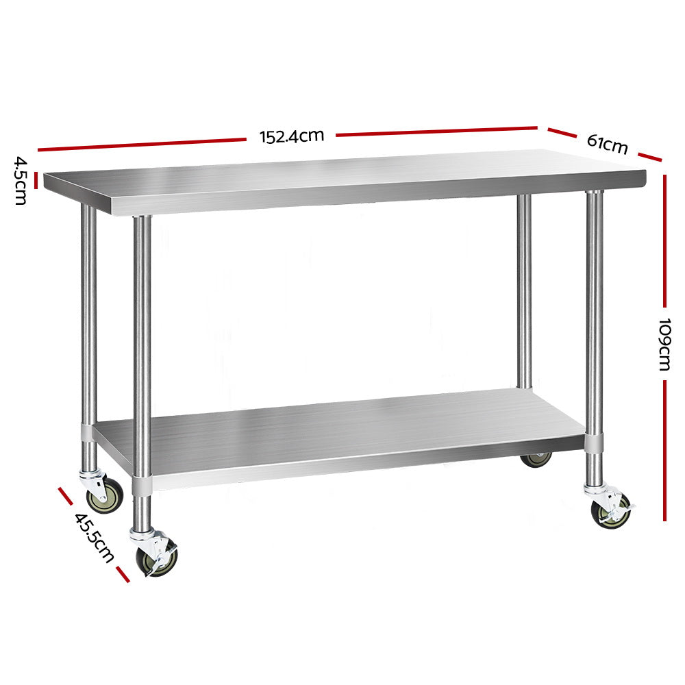 Kitchen Sinks: Cefito 1524x610mm Stainless Steel Kitchen Bench with Wheels 304