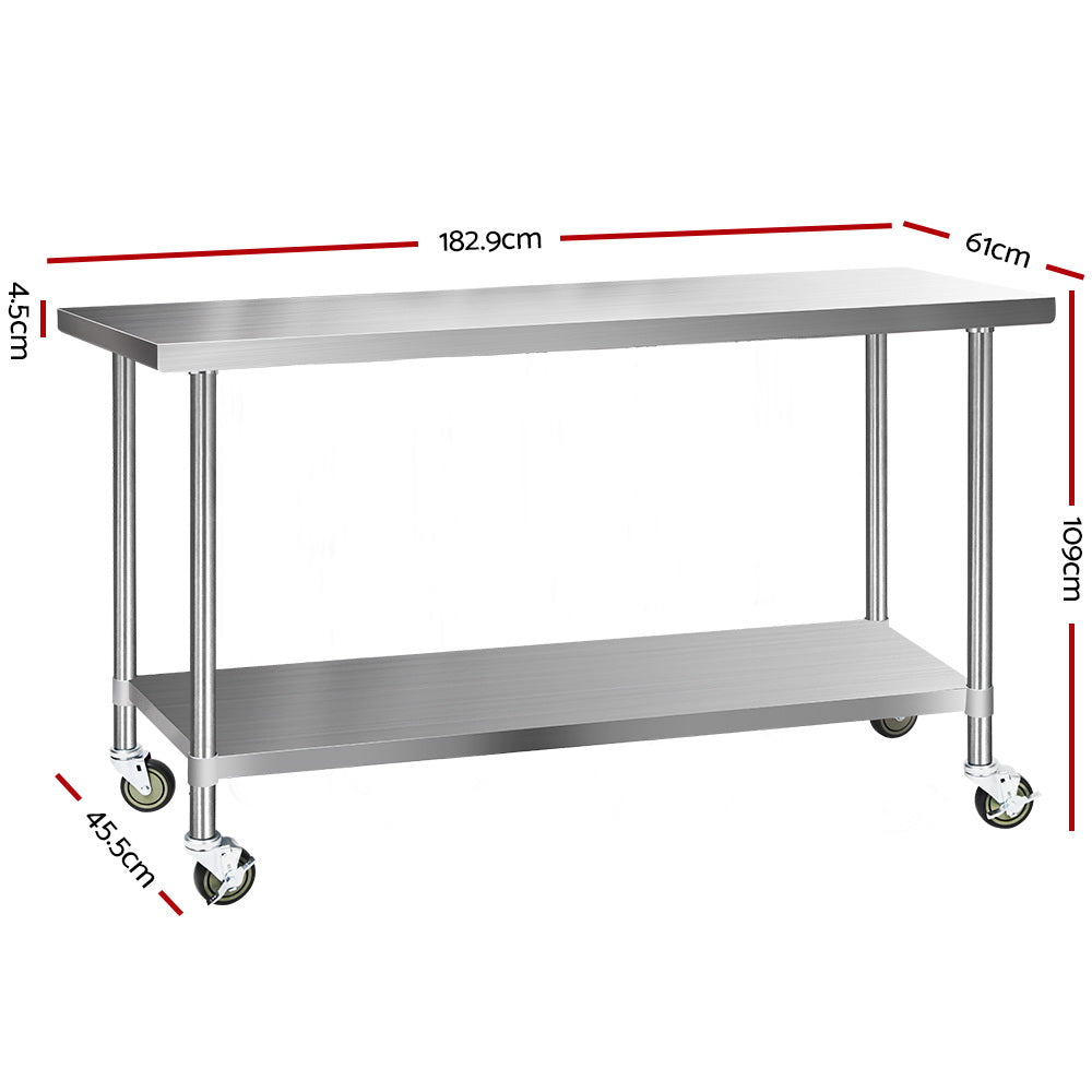 Kitchen Sinks: Cefito 1829x610mm Stainless Steel Kitchen Bench with Wheels 304
