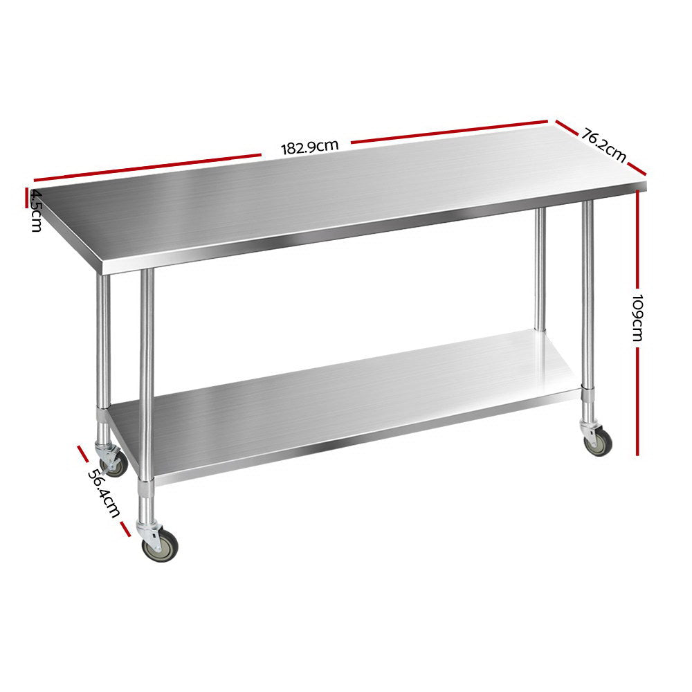 Kitchen Sinks: Cefito 1829x760mm Stainless Steel Kitchen Bench with Wheels 430