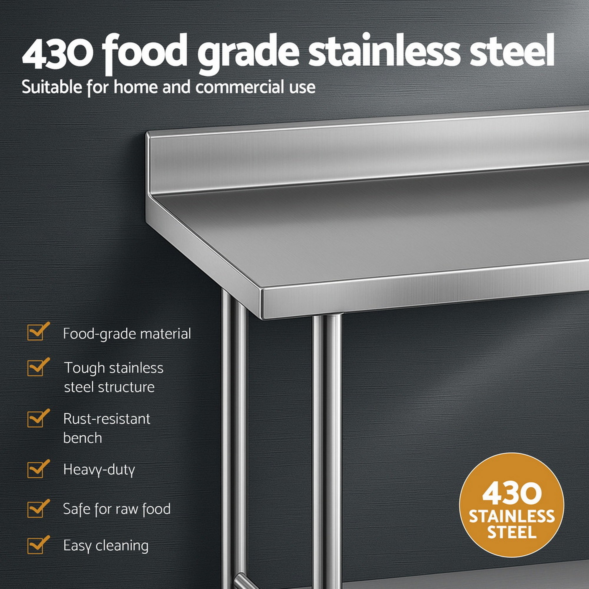 Kitchen Sinks: Cefito Stainless Steel Kitchen Bench w/ Splashback 1500x600MM 430