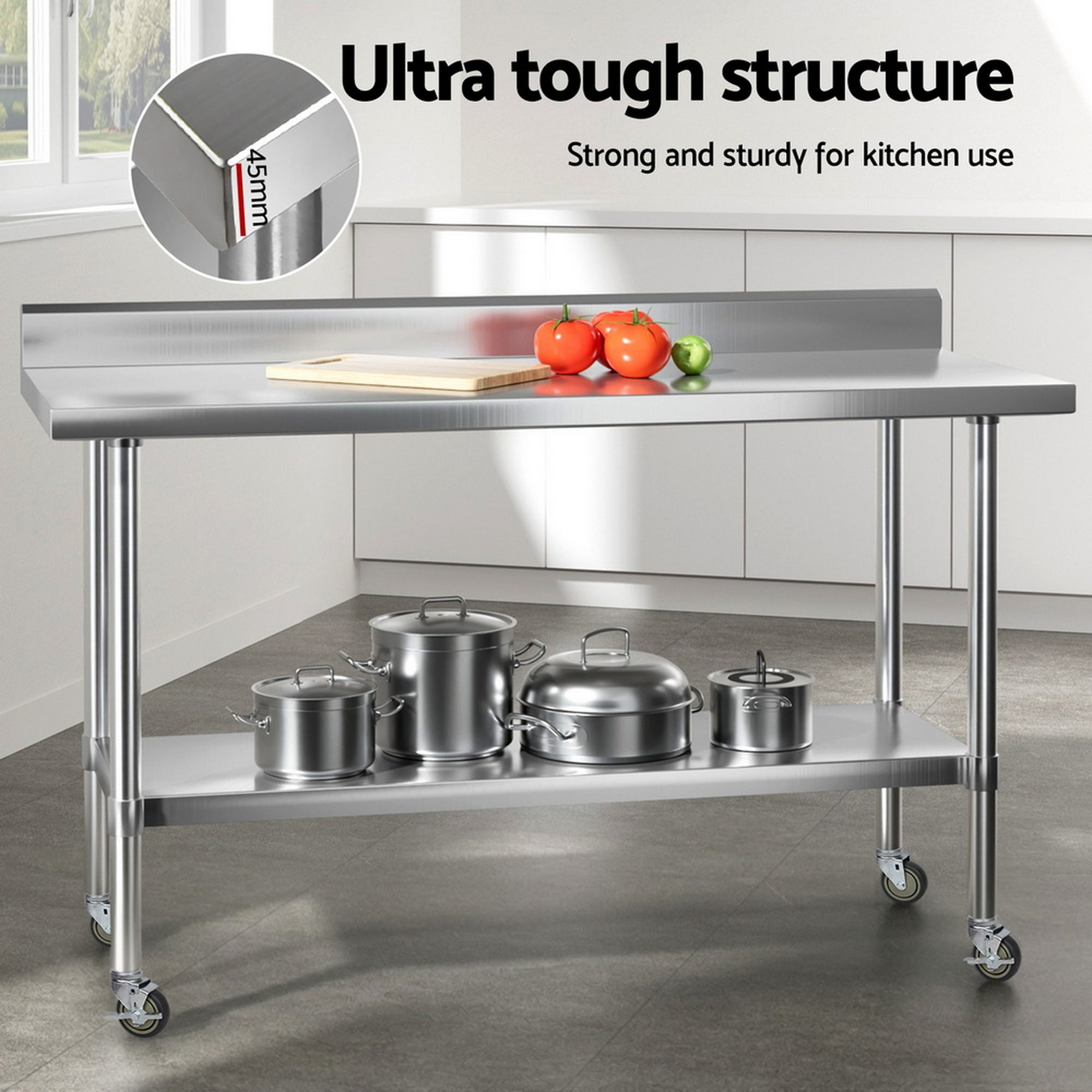 Kitchen Sinks: Cefito Stainless Steel Kitchen Bench w/ Splashback 1500x600MM 430