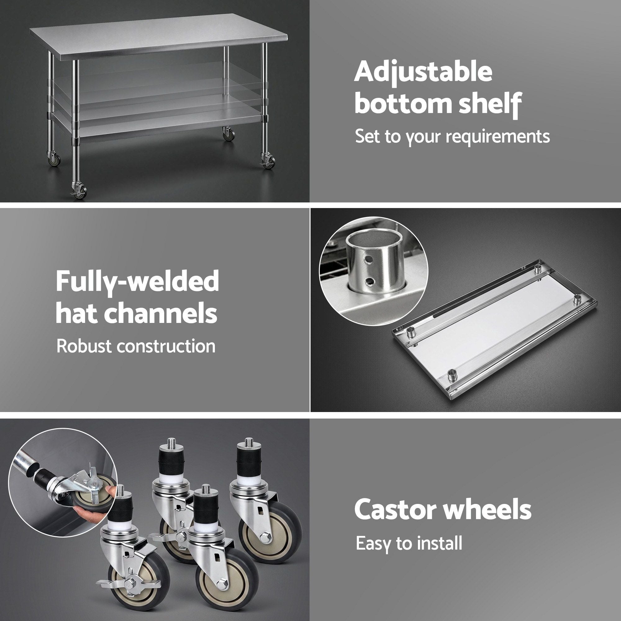 Cefito 1524x762mm Stainless Steel Kitchen Bench w/ Splashback Work Table Prep Bench Commercial 430