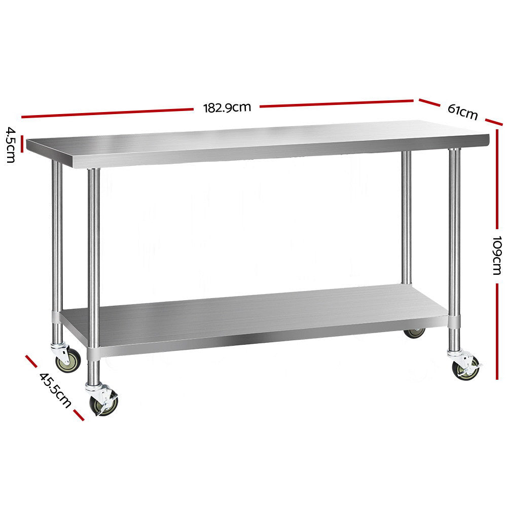 Kitchen Sinks: Cefito 1829x610mm Stainless Steel Kitchen Bench with Wheels 430