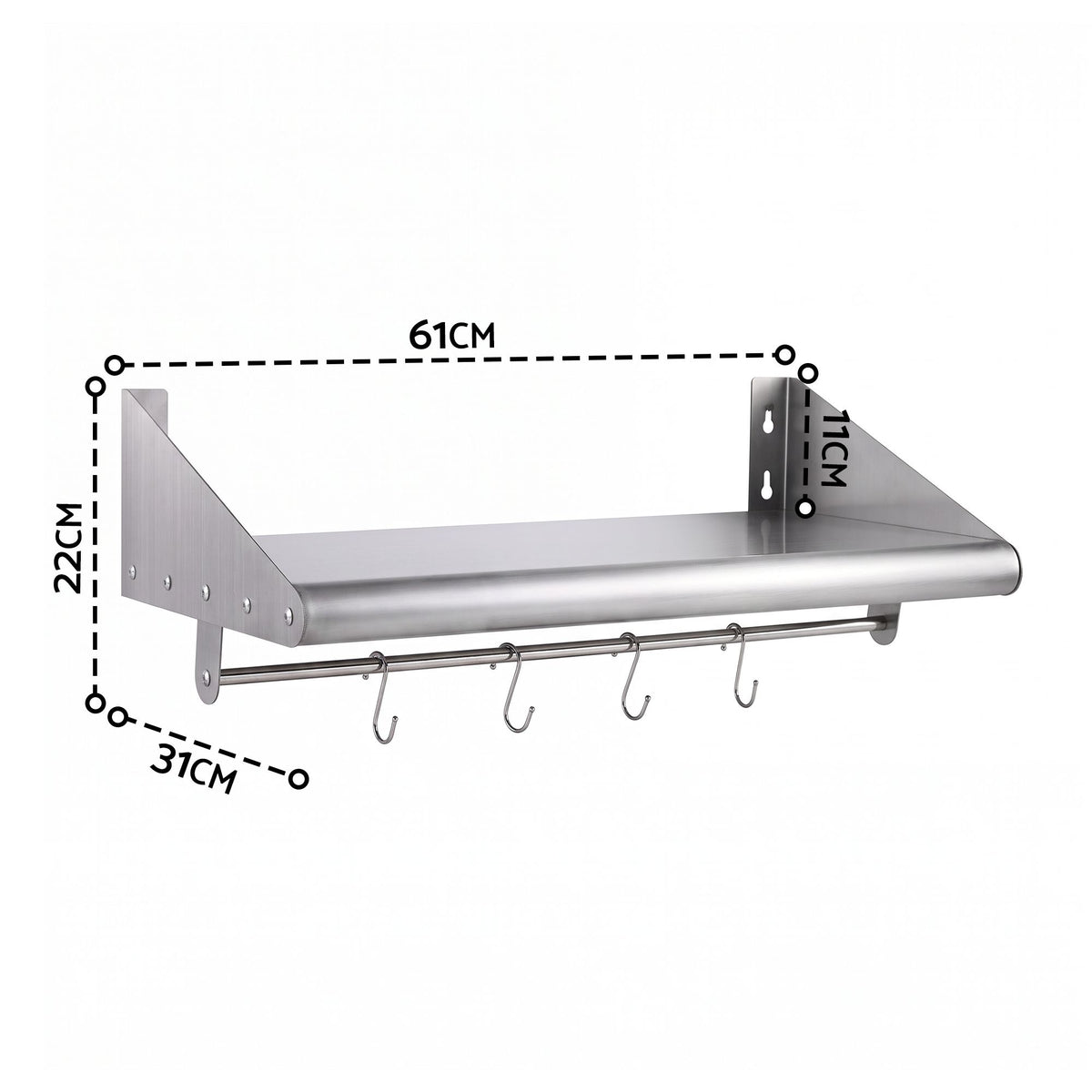 Cefito 610mm 430 Stainless Steel Wall Shelf with Hooks and Side Guards
