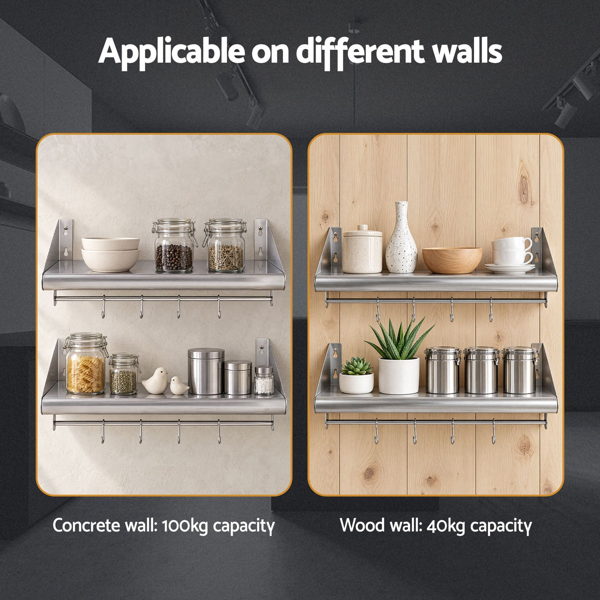 Cefito 610mm 430 Stainless Steel Wall Shelf with Hooks and Side Guards