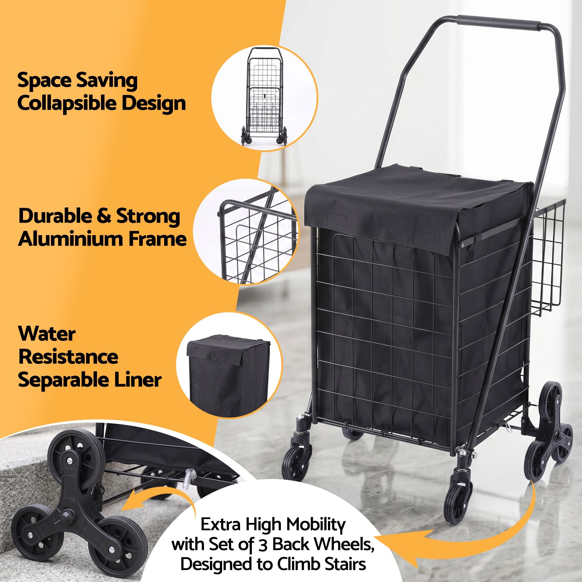 Emajin Shopping Trolley Cart Folding Aluminium Utility Cart Black