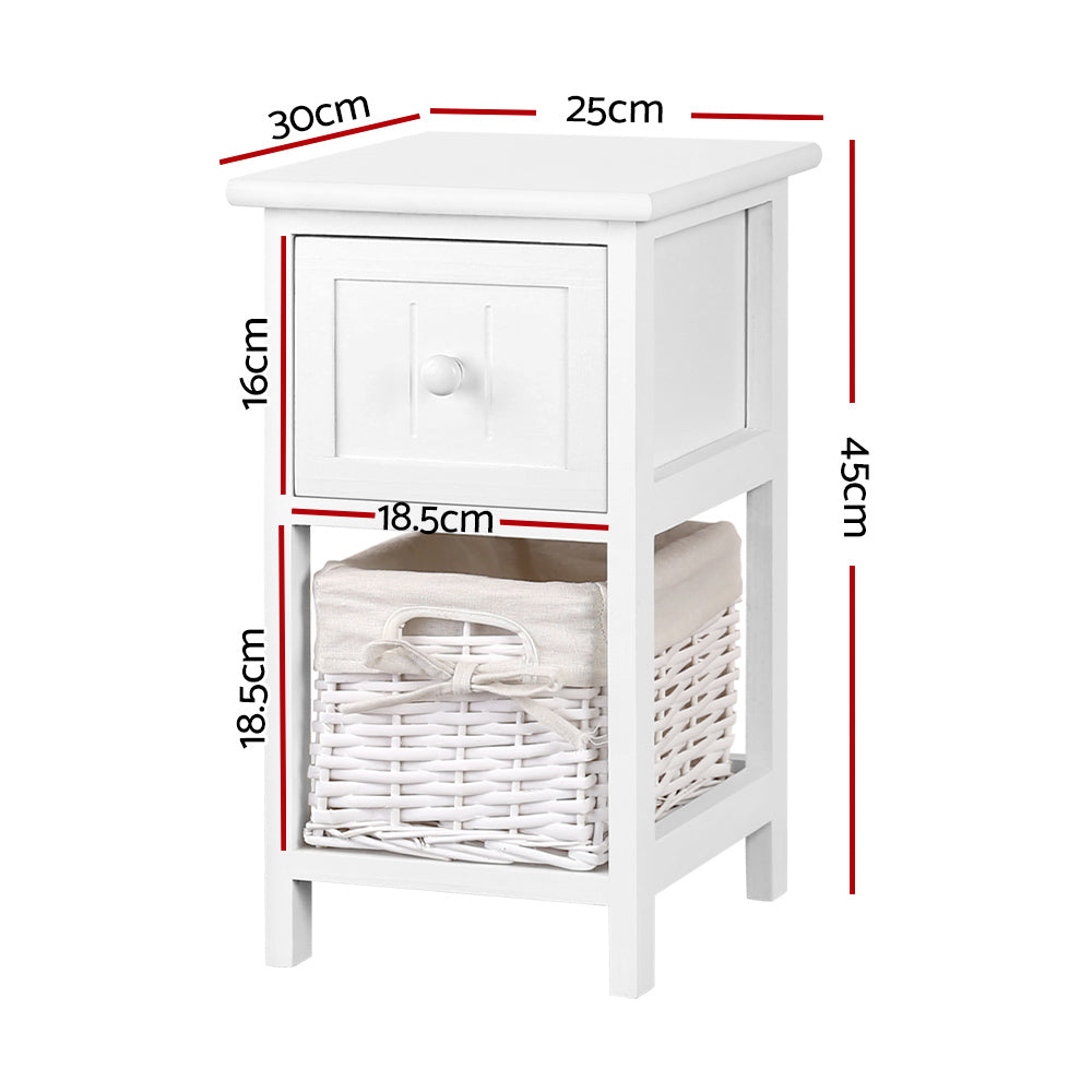 Bedside Tables: Artiss Bedside Table 1 Drawer with Basket Rustic White X2
