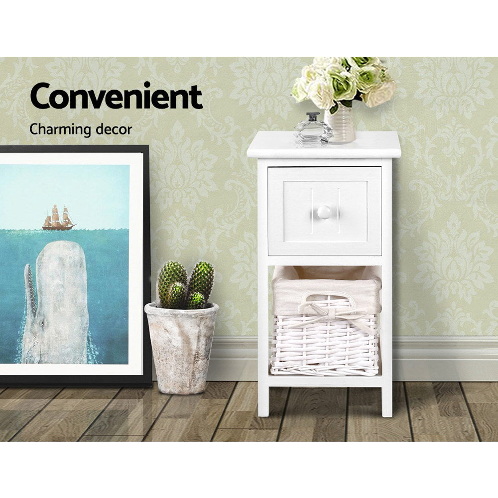 Bedside Tables: Artiss Bedside Table 1 Drawer with Basket Rustic White X2