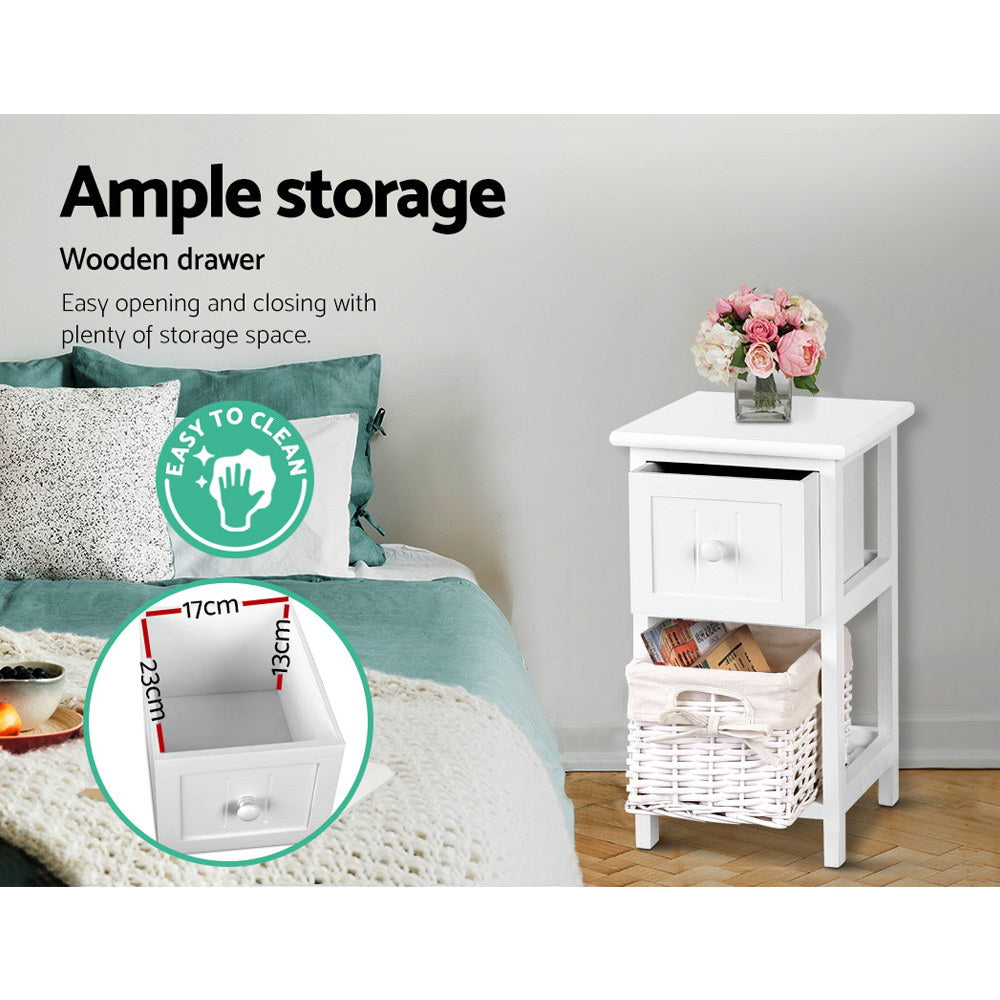 Bedside Tables: Artiss Bedside Table 1 Drawer with Basket Rustic White X2