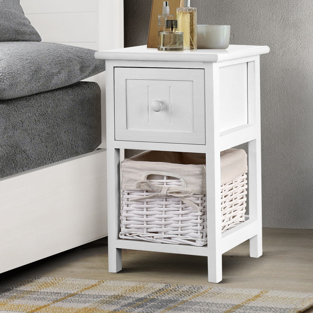 Bedside Tables: Artiss Bedside Table 1 Drawer with Basket Rustic White X2