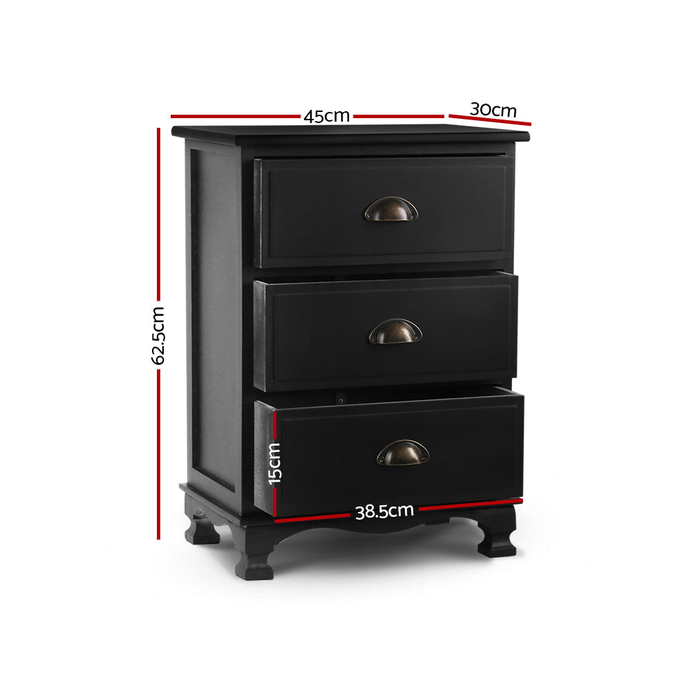 Bedside Tables: Artiss Bedside Table 3 Drawers Vintage - THYME Black