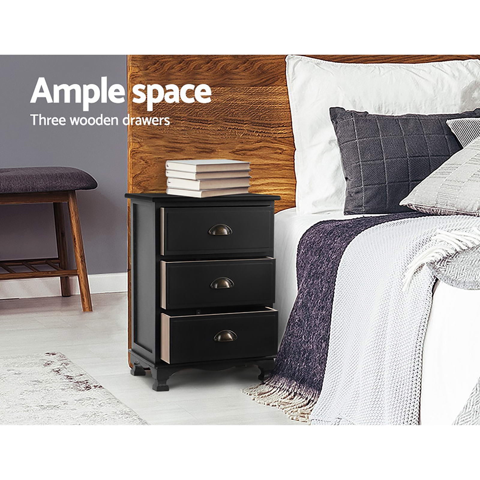 Artiss 2x Bedside Table 3 Drawers Vintage - THYME Black