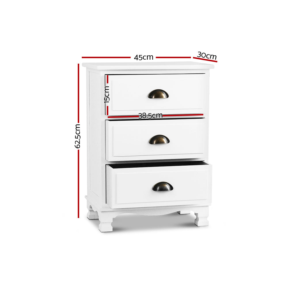 Bedside Tables: Artiss Bedside Table 3 Drawers Vintage - THYME White