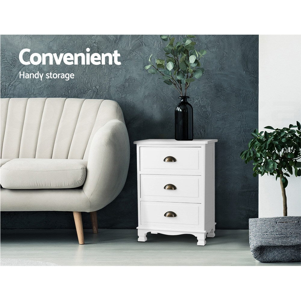 Bedside Tables: Artiss Bedside Table 3 Drawers Vintage - THYME White