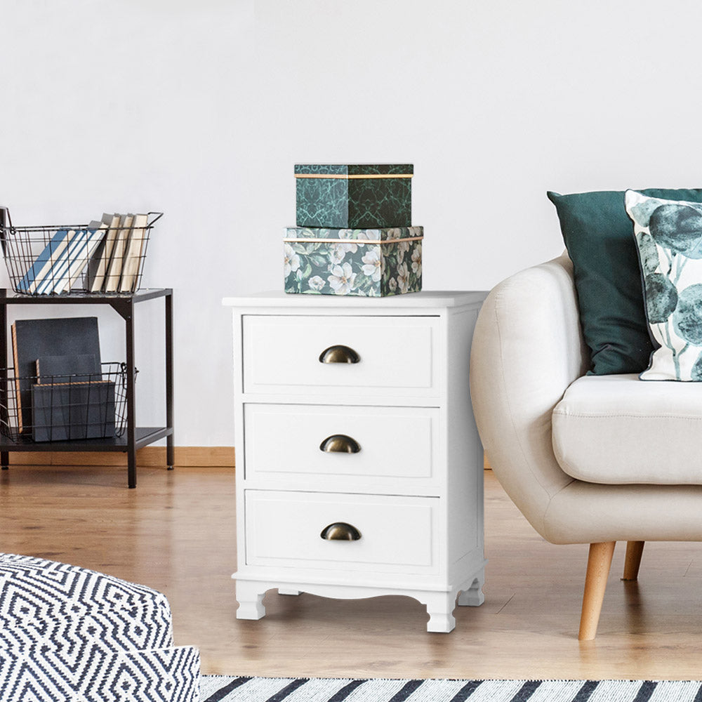 Bedside Tables: Artiss Bedside Table 3 Drawers Vintage - THYME White