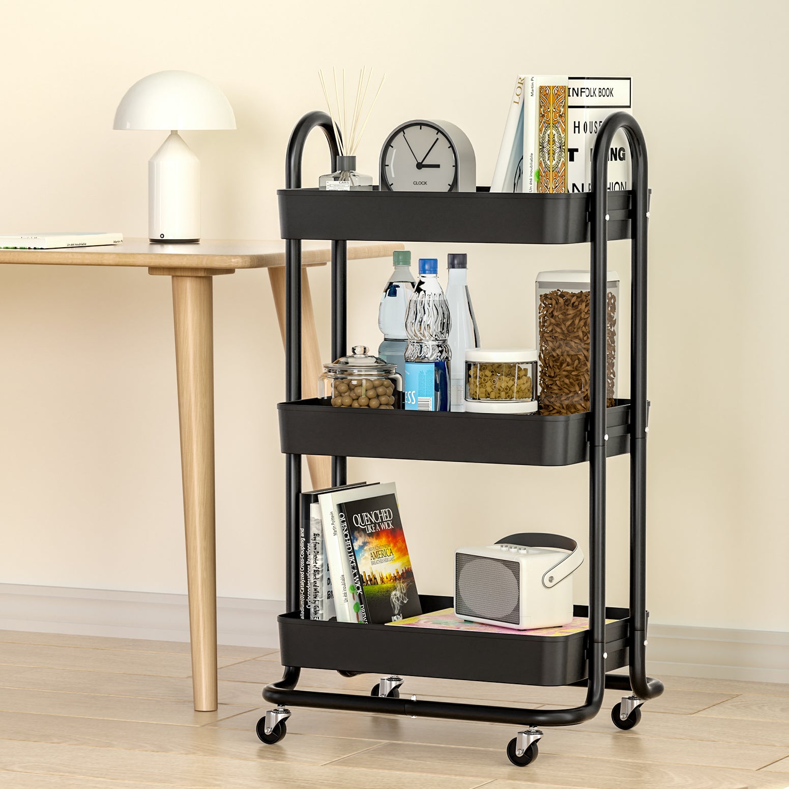 Kitchen & Dining Trolleys: Artiss Storage Trolley Kitchen Cart 3 Tiers Rack Shelf Organiser Wheels Black
