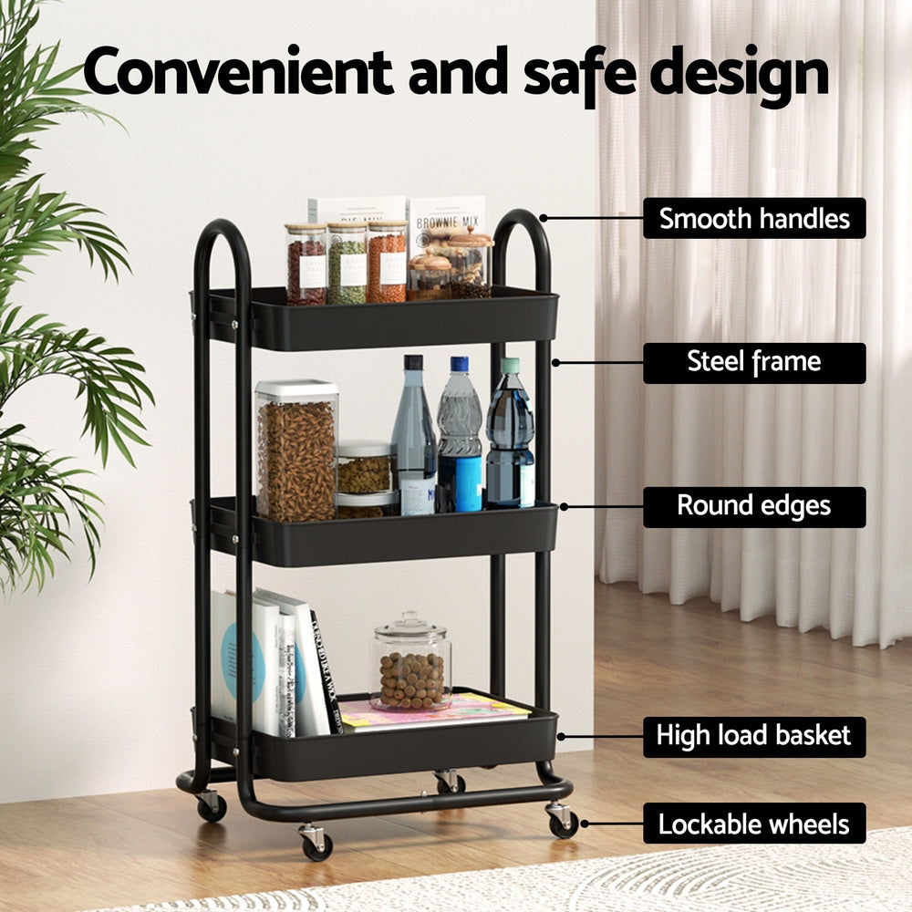 Kitchen & Dining Trolleys: Artiss Storage Trolley Kitchen Cart 3 Tiers Rack Shelf Organiser Wheels Black