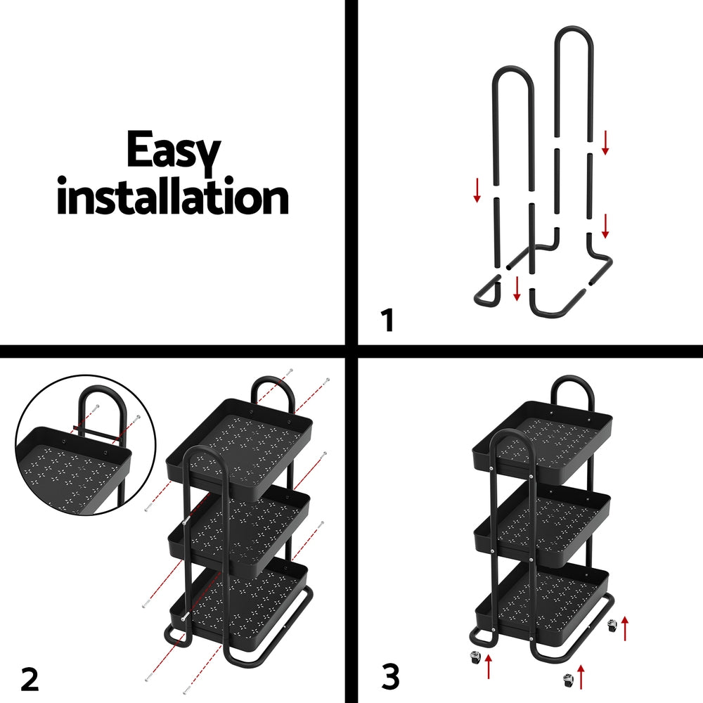 Kitchen & Dining Trolleys: Artiss Storage Trolley Kitchen Cart 3 Tiers Rack Shelf Organiser Wheels Black