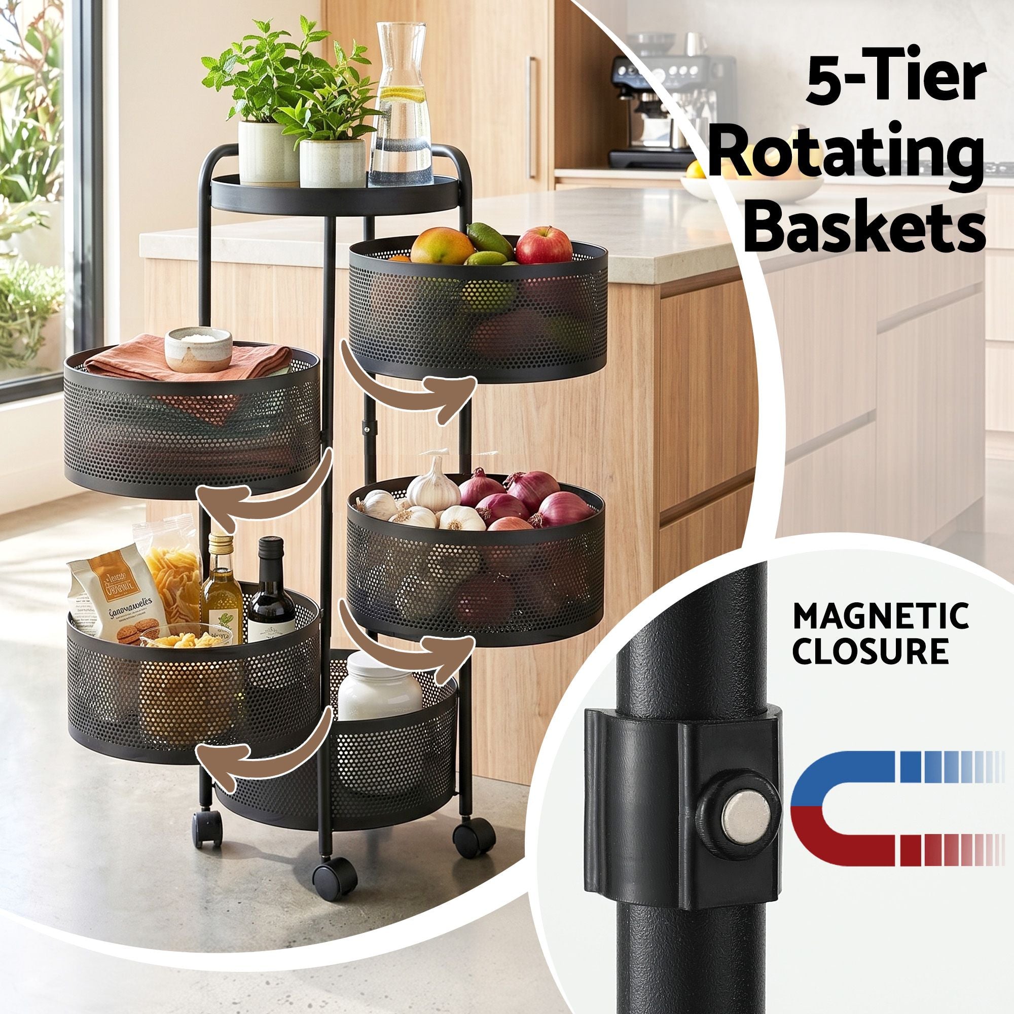 Artiss Storage Trolley Kitchen Cart 5 Tiers Storage Rack Round Basket Black