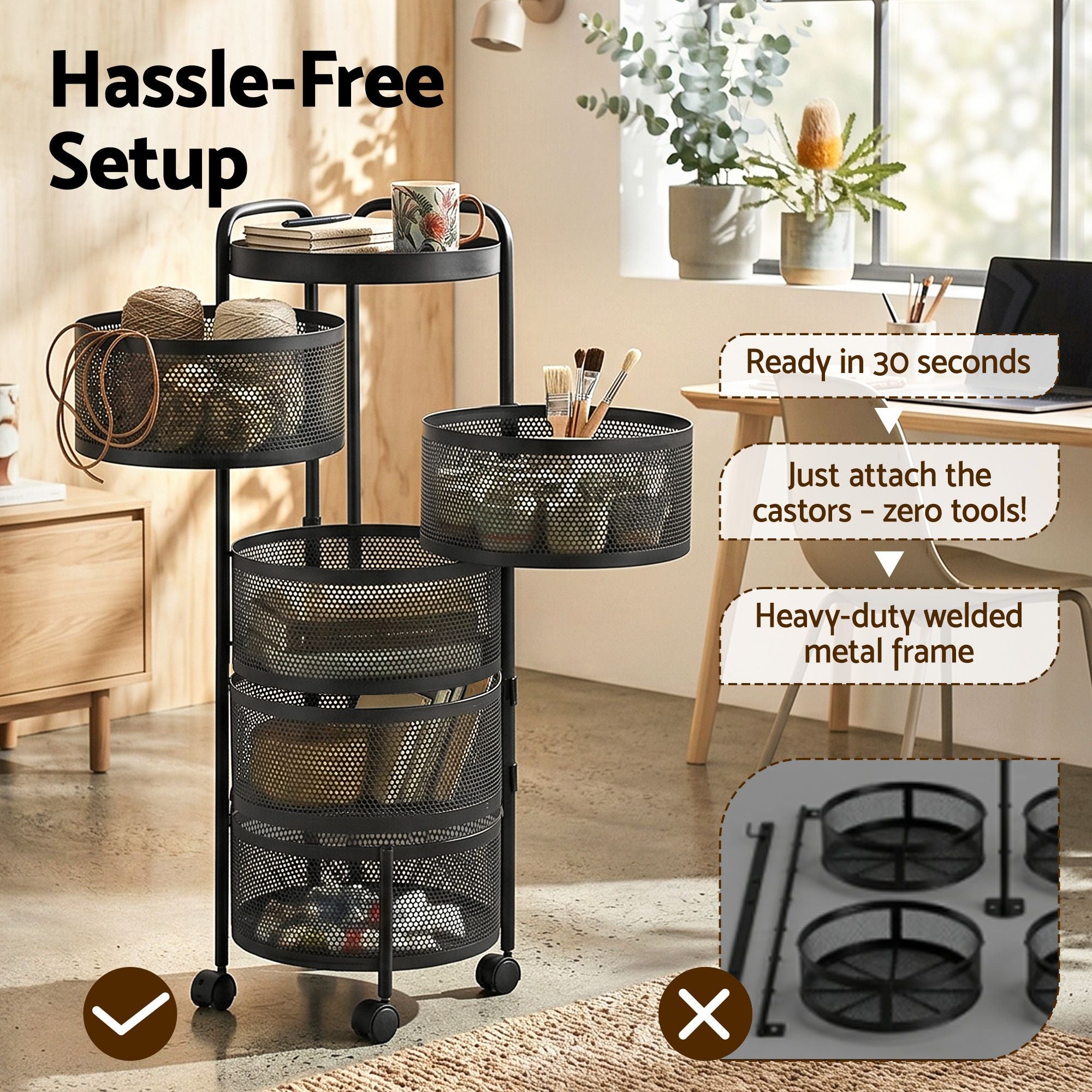 Artiss Storage Trolley Kitchen Cart 5 Tiers Storage Rack Round Basket Black