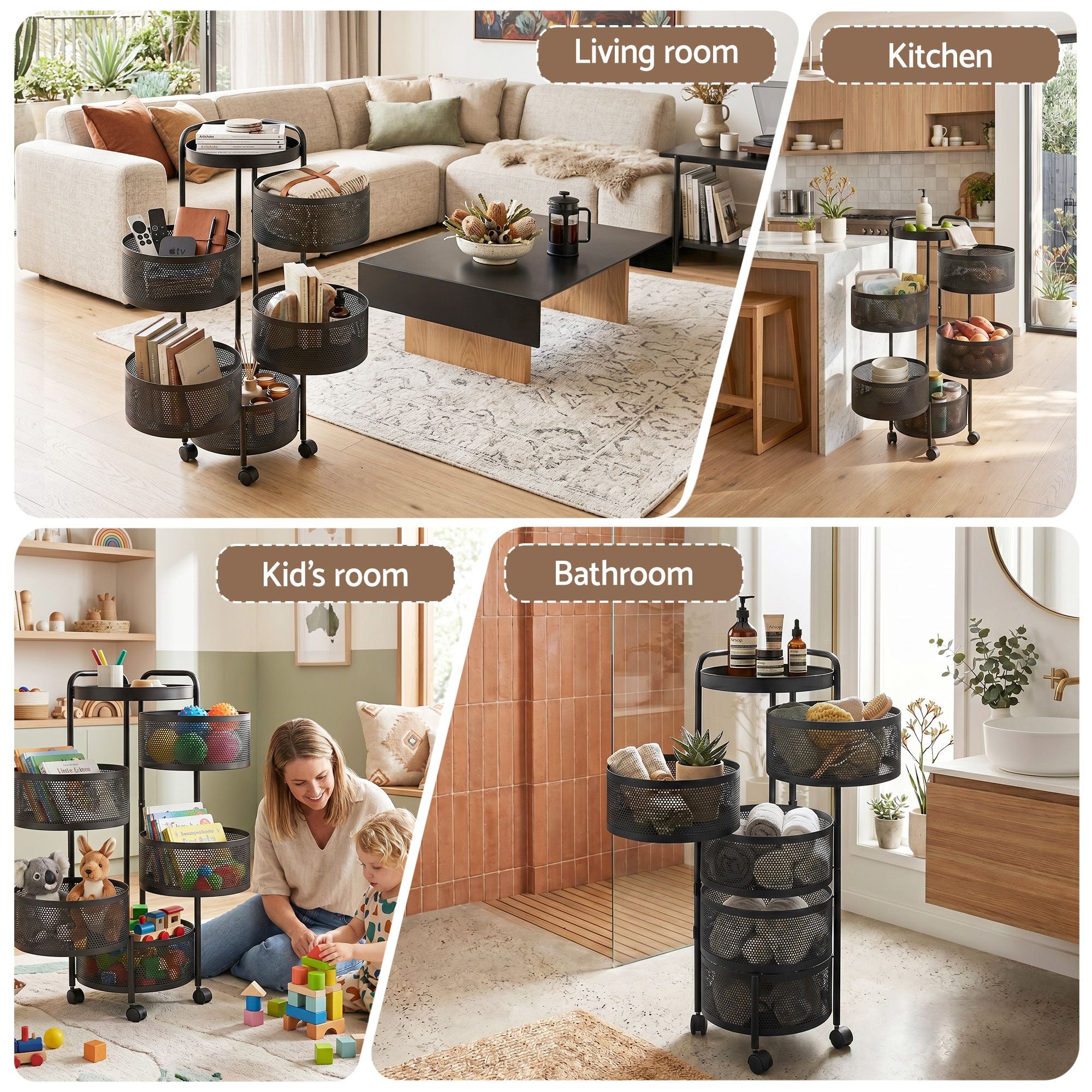 Artiss Storage Trolley Kitchen Cart 5 Tiers Storage Rack Round Basket Black