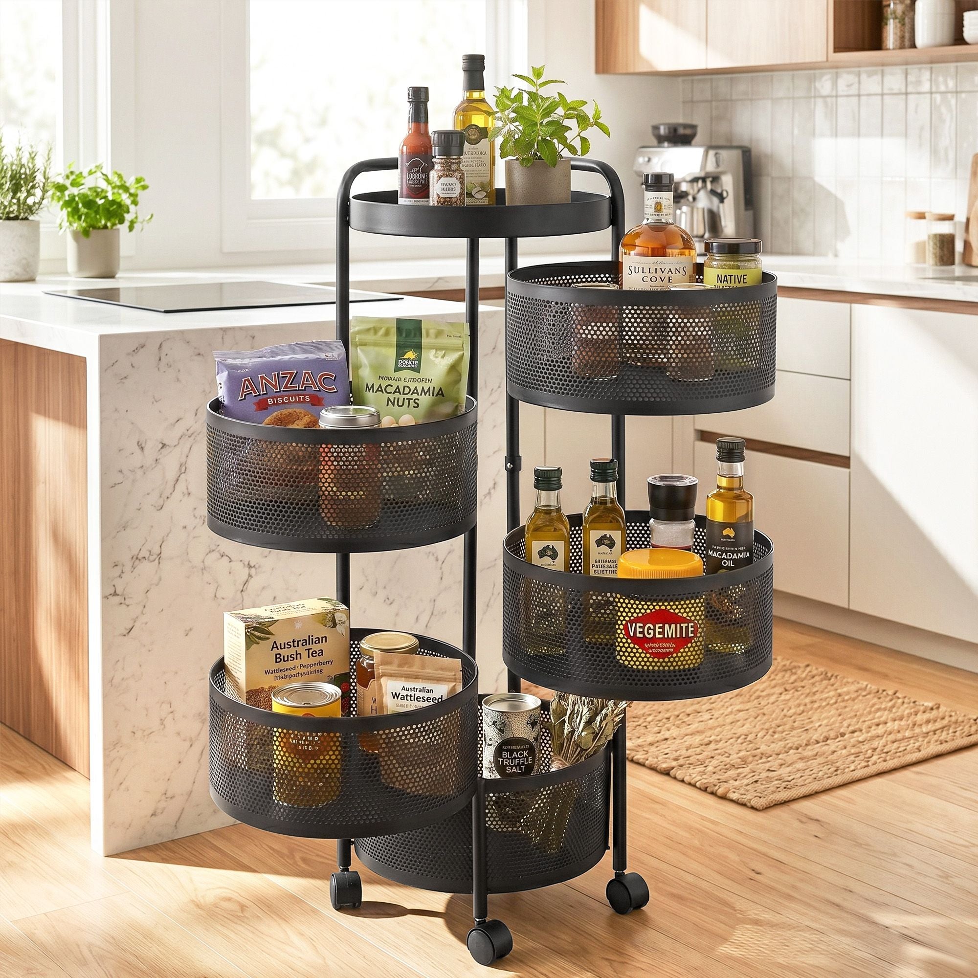 Artiss Storage Trolley Kitchen Cart 5 Tiers Storage Rack Round Basket Black
