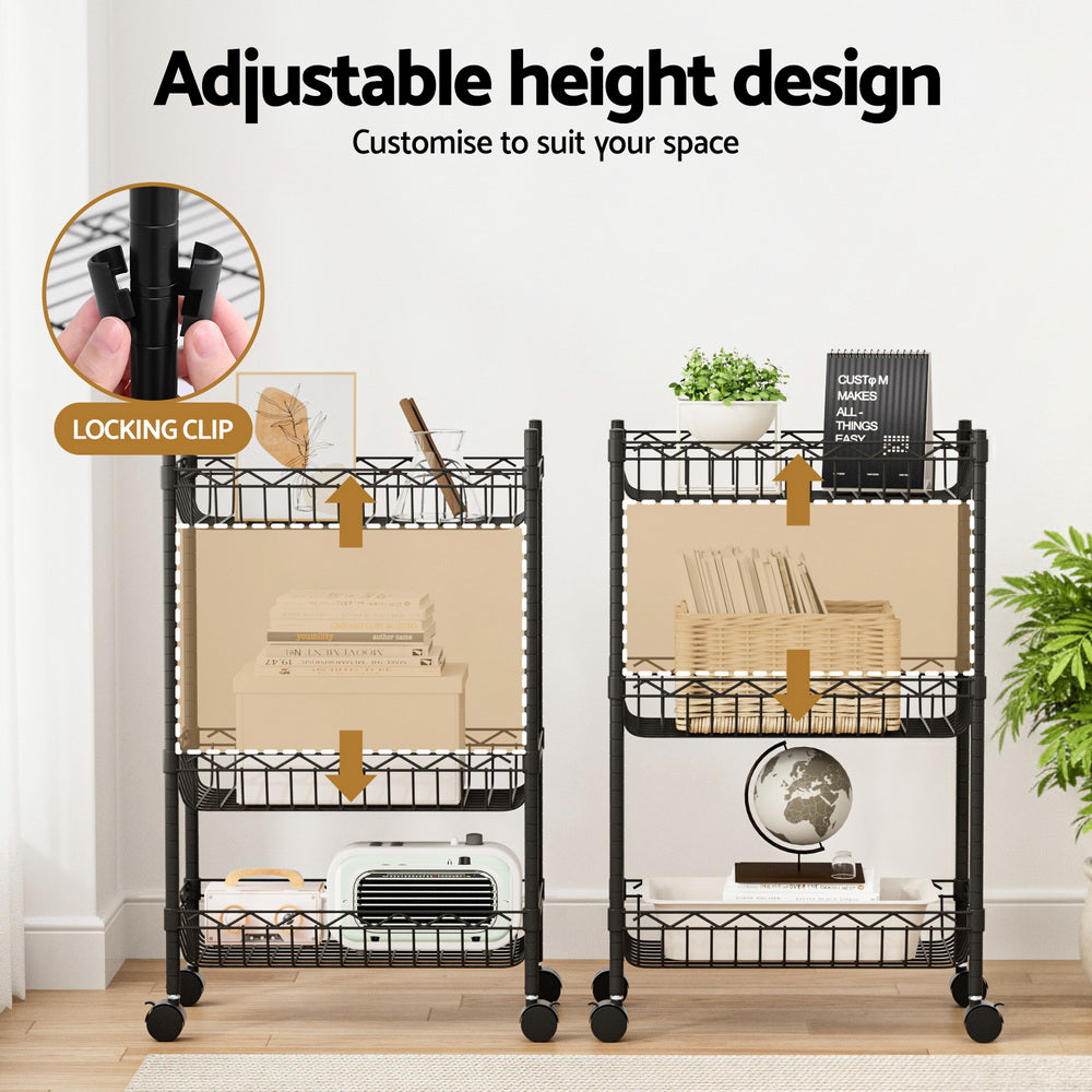Kitchen & Dining Trolleys: Artiss 3-Tier Shelving Unit Adjustable Garage Storage Kitchen Rack With Wheels