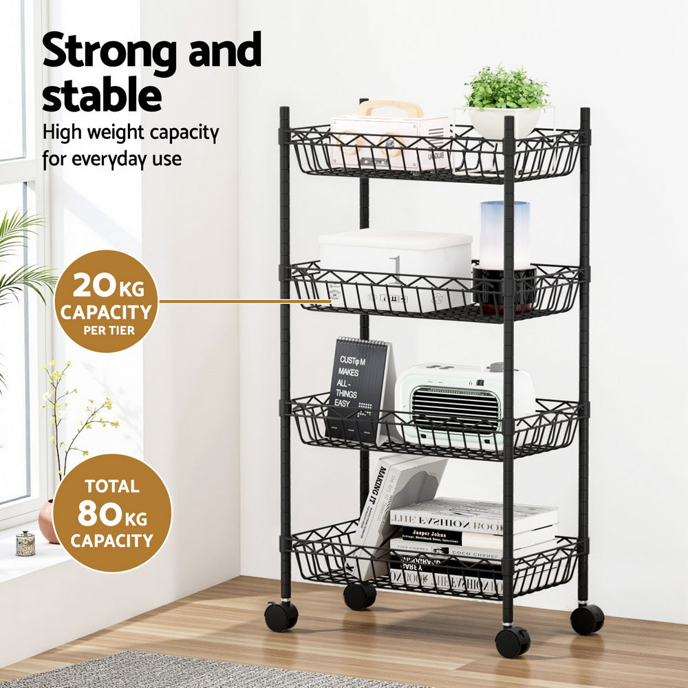 Kitchen & Dining Trolleys: Artiss 4-Tier Shelving Unit Adjustable Garage Storage Kitchen Rack With Wheels