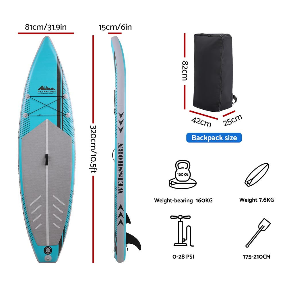 Paddleboards: Weisshorn Stand Up Paddle Board 10.5ft Inflatable SUP Surfboard Paddleboard Kayak Surf Green