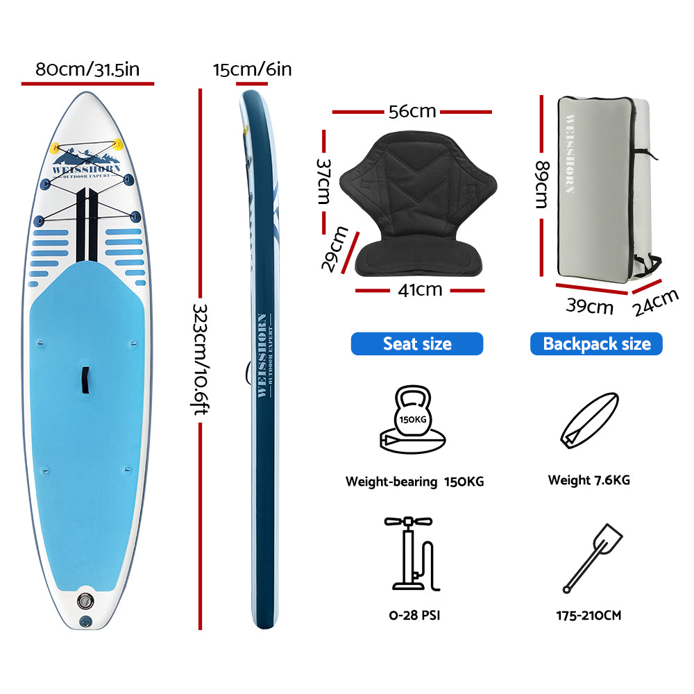 Paddleboards: Weisshorn Stand Up Paddle Board 10.6ft Inflatable SUP Surfboard Paddleboard Kayak Surf Blue