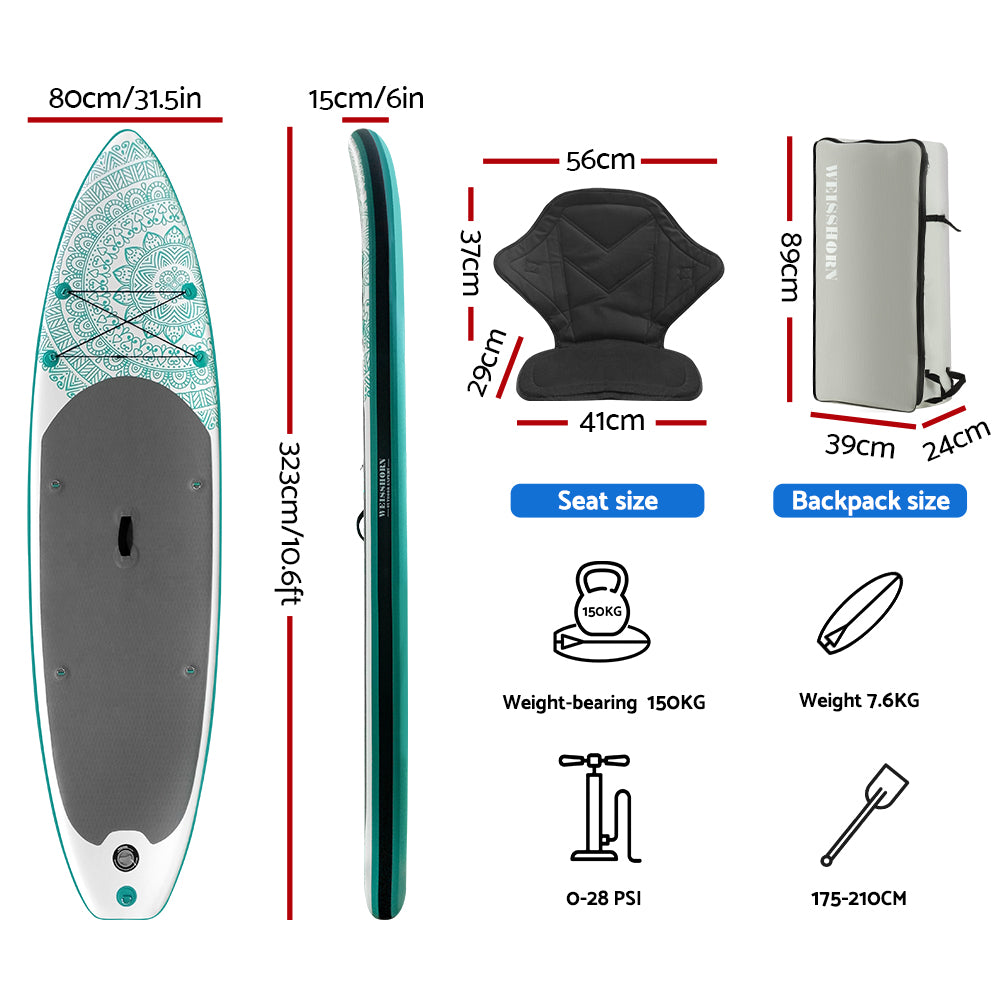 Paddleboards: Weisshorn Stand Up Paddle Board 10.6ft Inflatable SUP Surfboard Paddleboard Kayak Surf Green