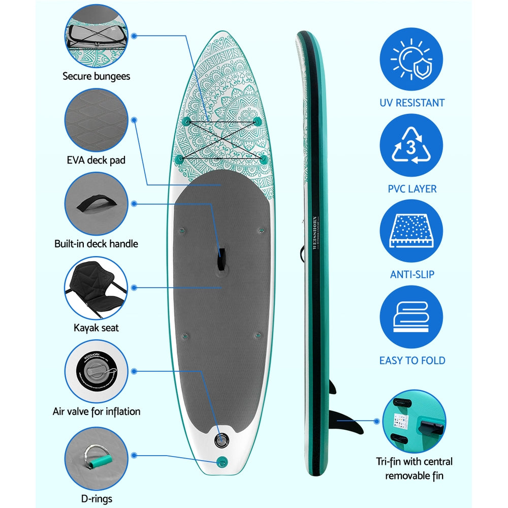 Paddleboards: Weisshorn Stand Up Paddle Board 10.6ft Inflatable SUP Surfboard Paddleboard Kayak Surf Green