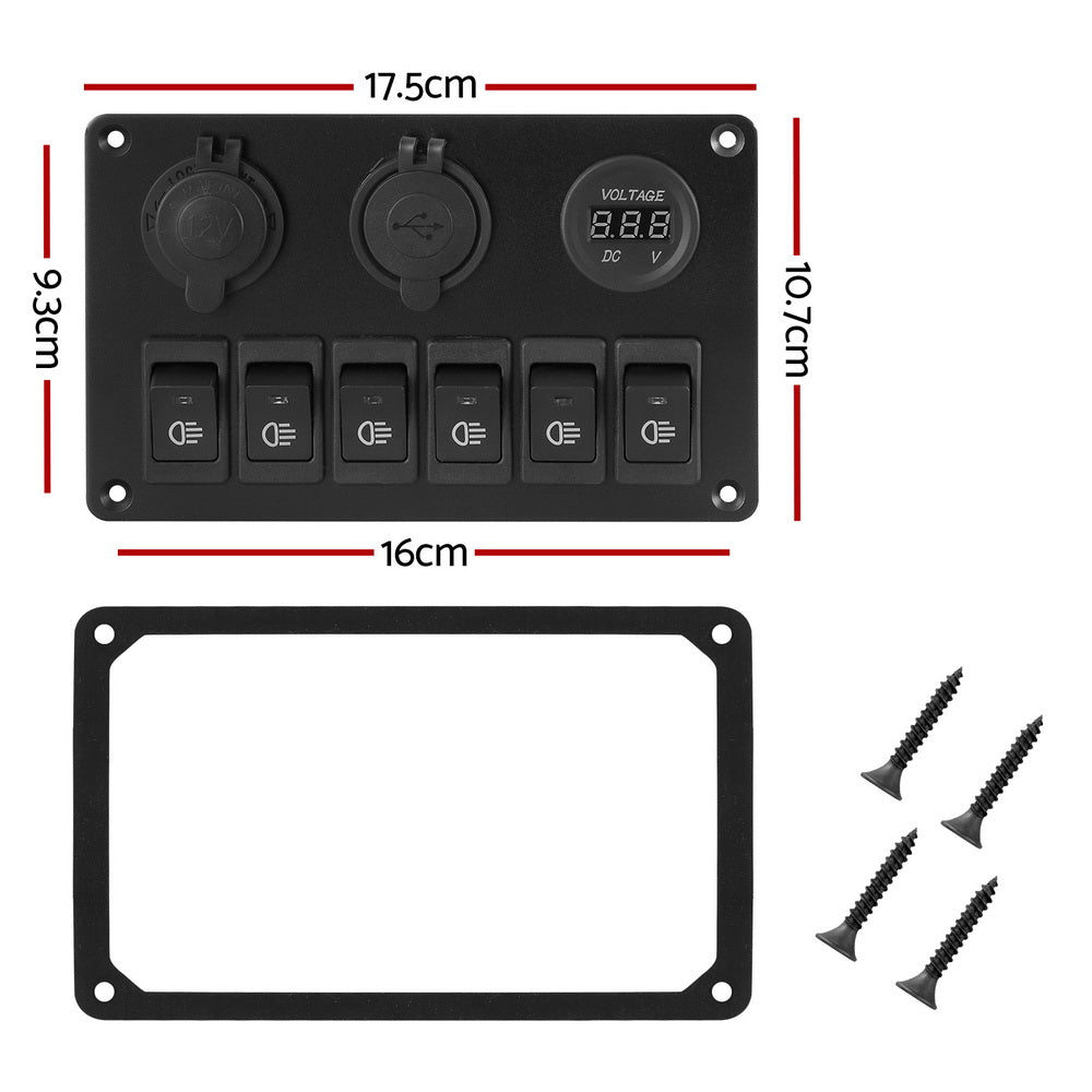 Ride On Cars: Giantz 6 Gang 12V Switch Panel For Car Boat Marine USB ON-OFF LED Rocker Toggle