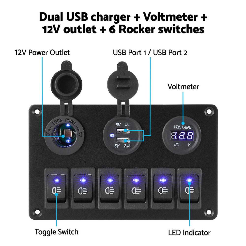Ride On Cars: Giantz 6 Gang 12V Switch Panel For Car Boat Marine USB ON-OFF LED Rocker Toggle