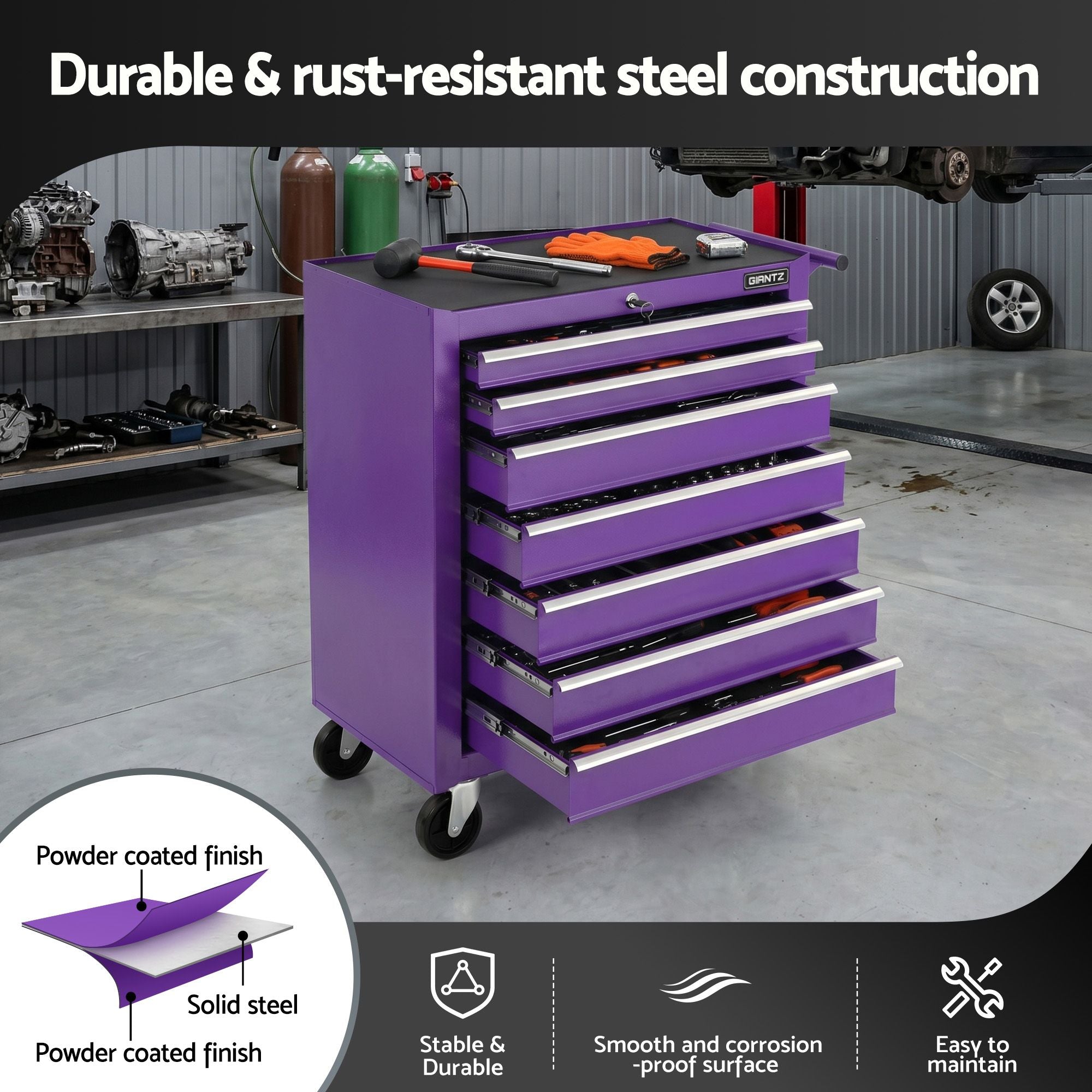 Giantz 7-Drawer Tool Chest Trolley Cabinet Toolbox Heavy Duty Garage Storage Organiser Purple