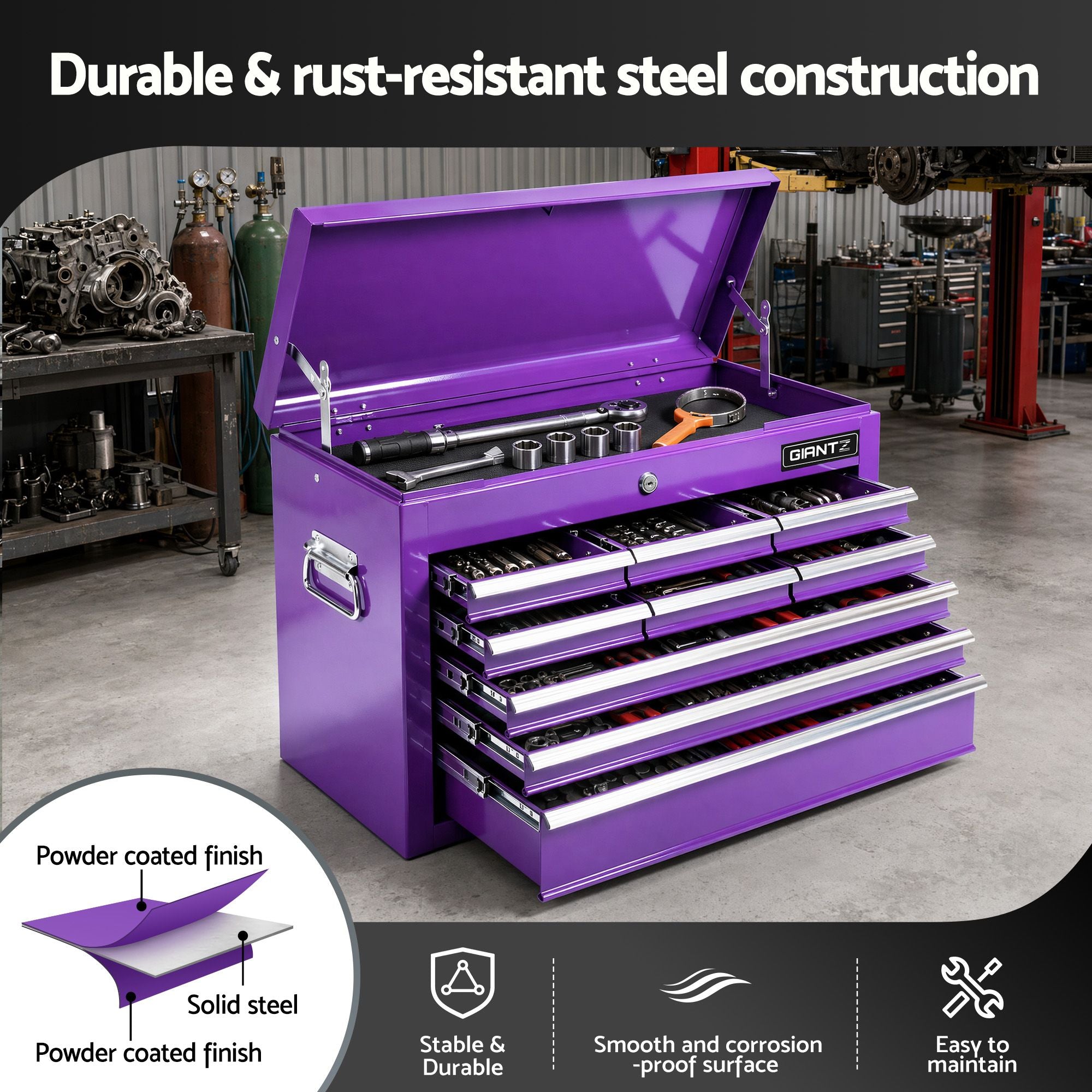 Giantz 9-Drawer Tool Cabinet Chest Toolbox Heavy Duty Garage Storage Organiser Purple