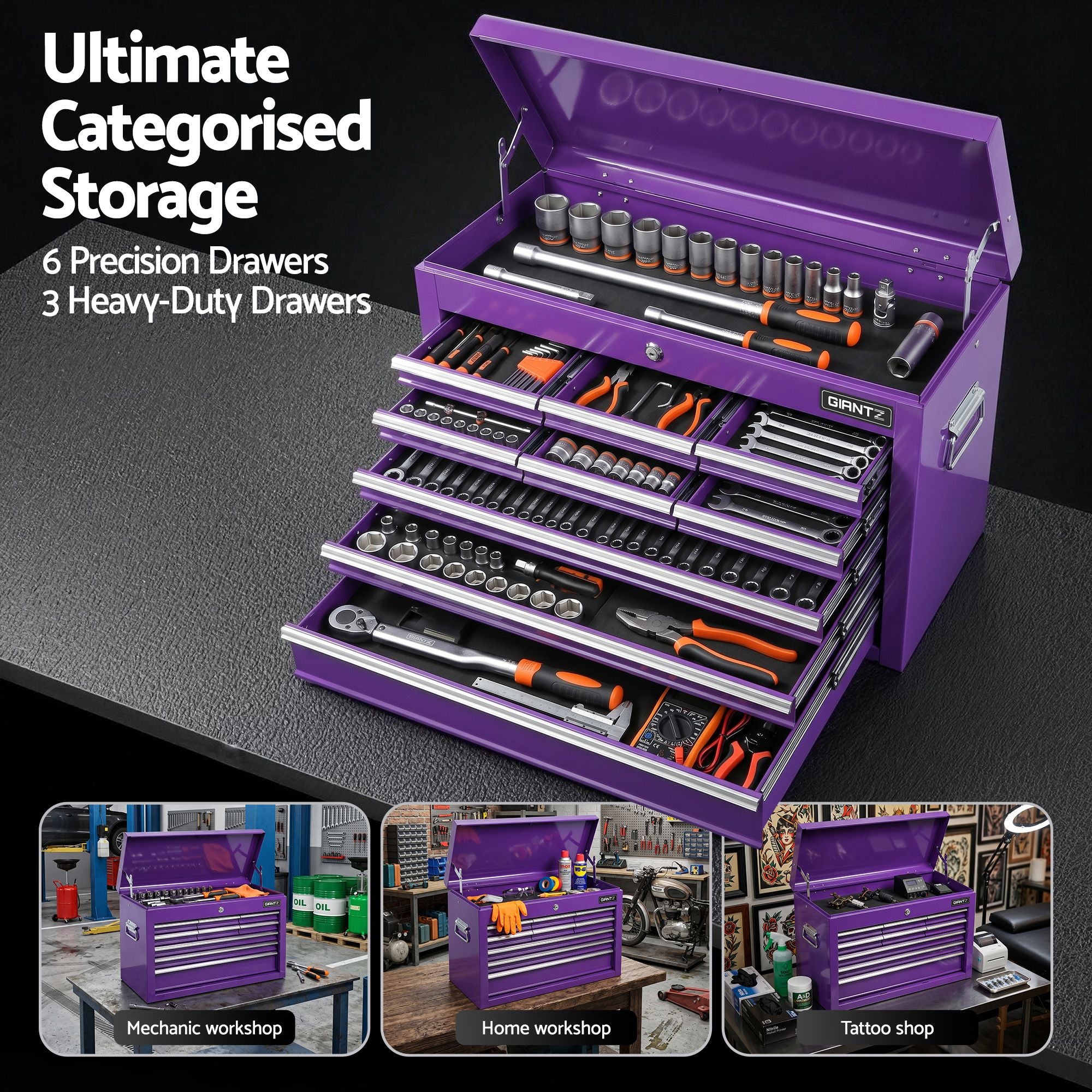 Giantz 9-Drawer Tool Cabinet Chest Toolbox Heavy Duty Garage Storage Organiser Purple