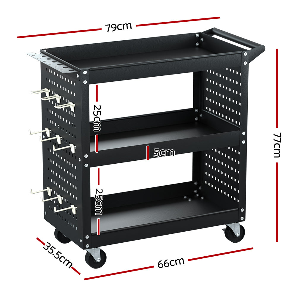 Utility Trolleys: Giantz 3-Tier Tool Cart Storage Trolley Workshop Garage Pegboard Hooks Black