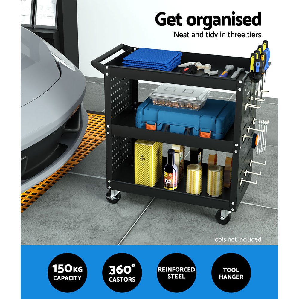 Utility Trolleys: Giantz 3-Tier Tool Cart Storage Trolley Workshop Garage Pegboard Hooks Black