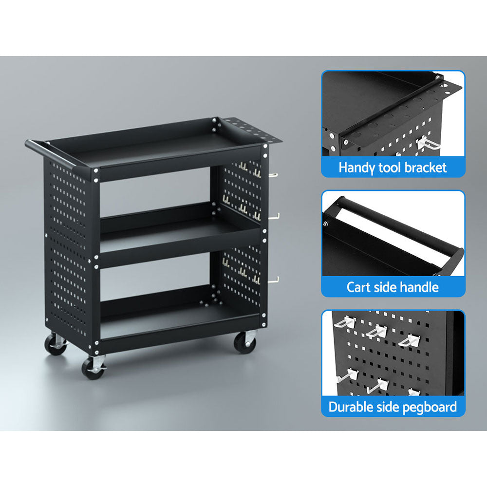 Utility Trolleys: Giantz 3-Tier Tool Cart Storage Trolley Workshop Garage Pegboard Hooks Black