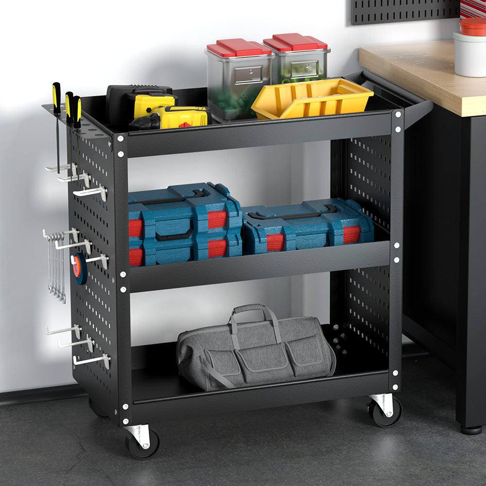 Utility Trolleys: Giantz 3-Tier Tool Cart Storage Trolley Workshop Garage Pegboard Hooks Black