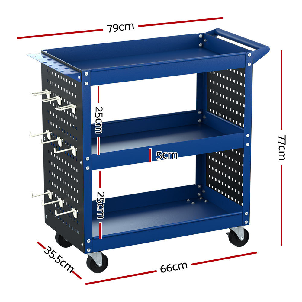 Utility Trolleys: Giantz 3-Tier Tool Cart Storage Trolley Workshop Garage Pegboard Hooks Blue
