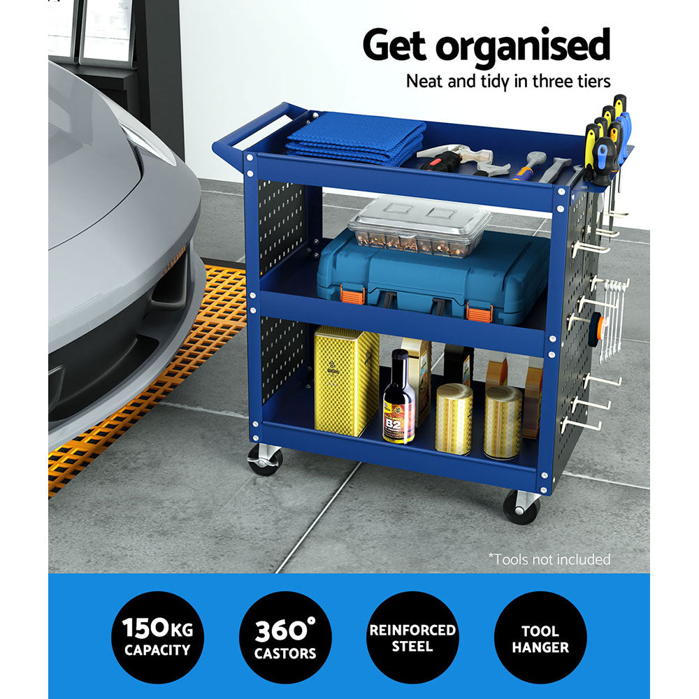 Utility Trolleys: Giantz 3-Tier Tool Cart Storage Trolley Workshop Garage Pegboard Hooks Blue