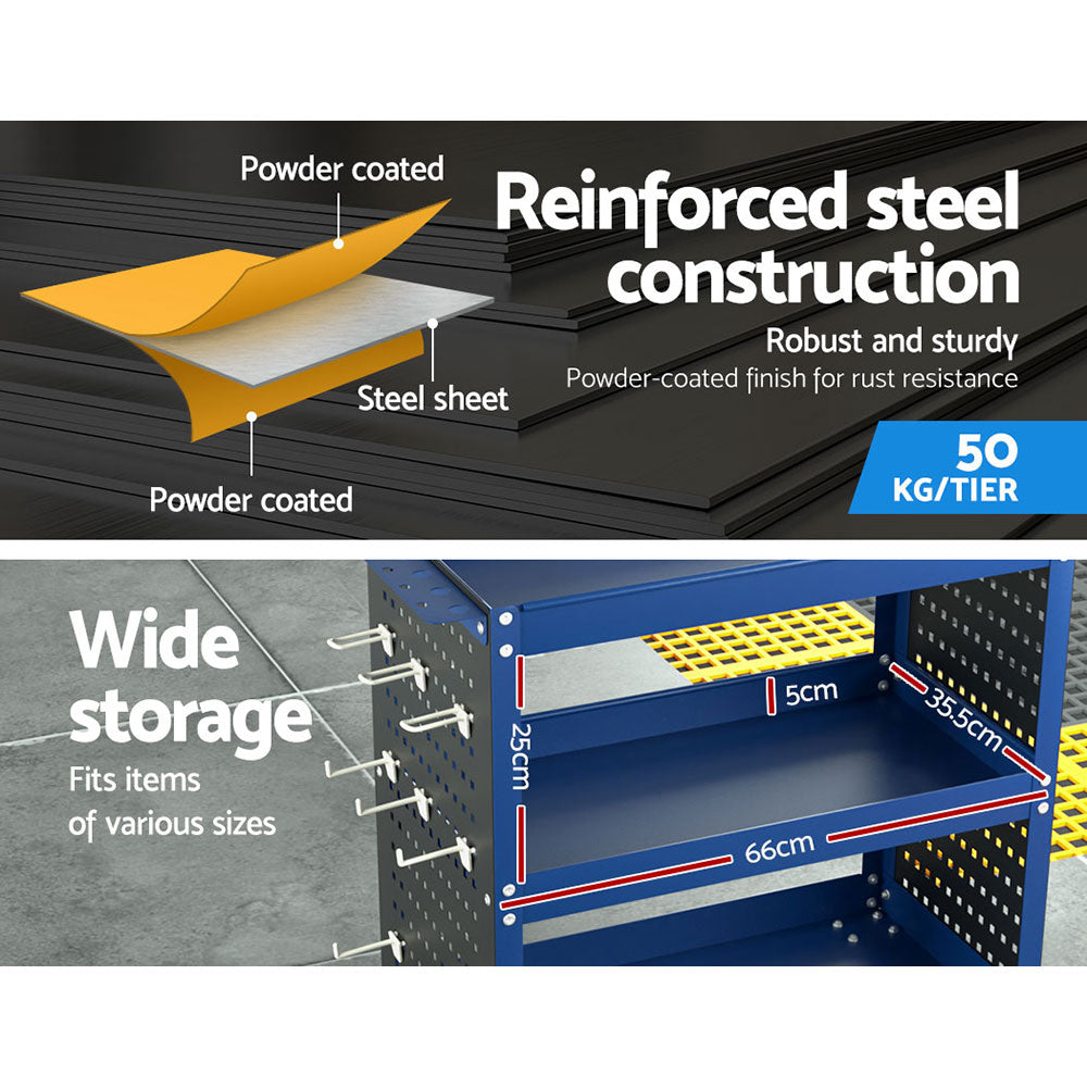 Utility Trolleys: Giantz 3-Tier Tool Cart Storage Trolley Workshop Garage Pegboard Hooks Blue