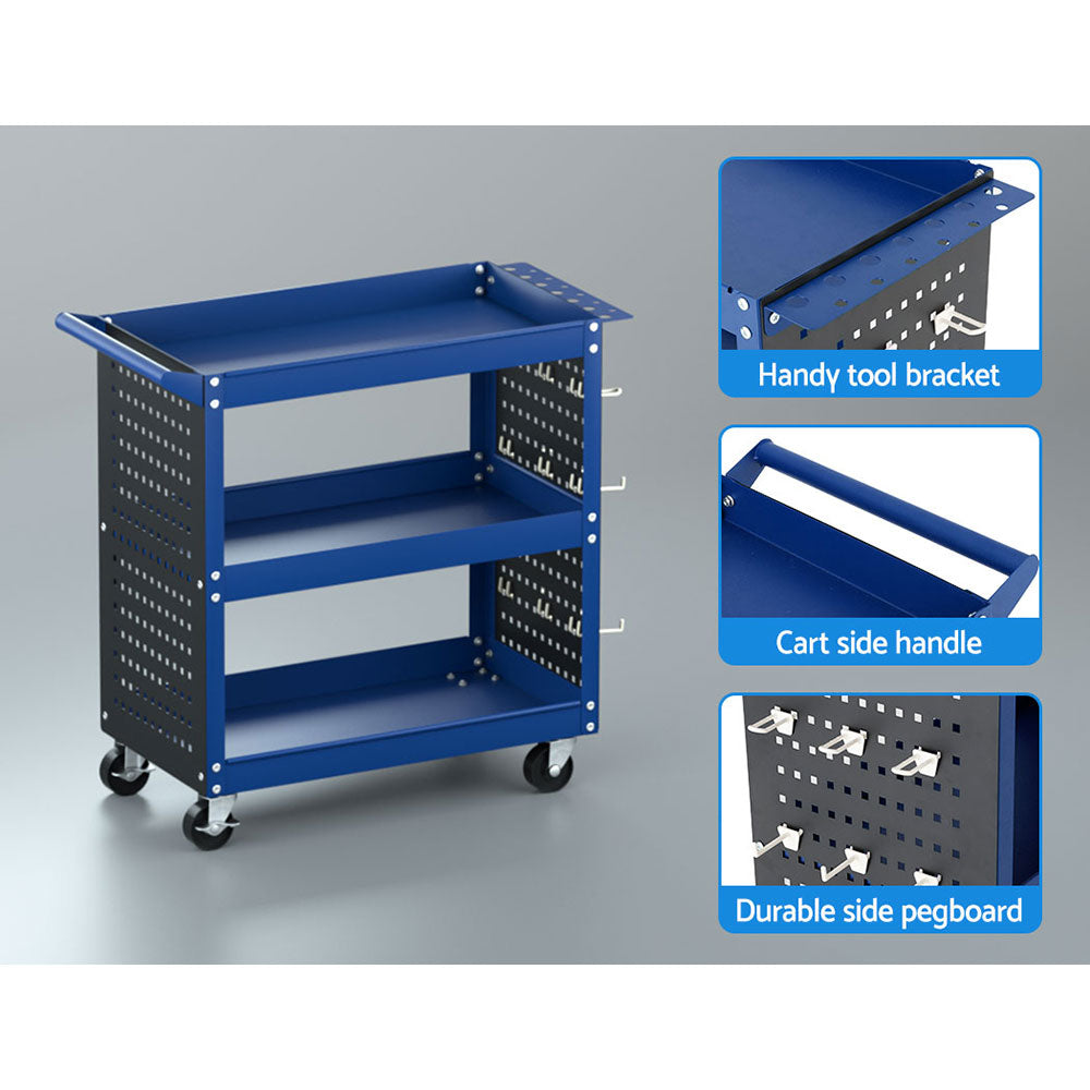 Utility Trolleys: Giantz 3-Tier Tool Cart Storage Trolley Workshop Garage Pegboard Hooks Blue