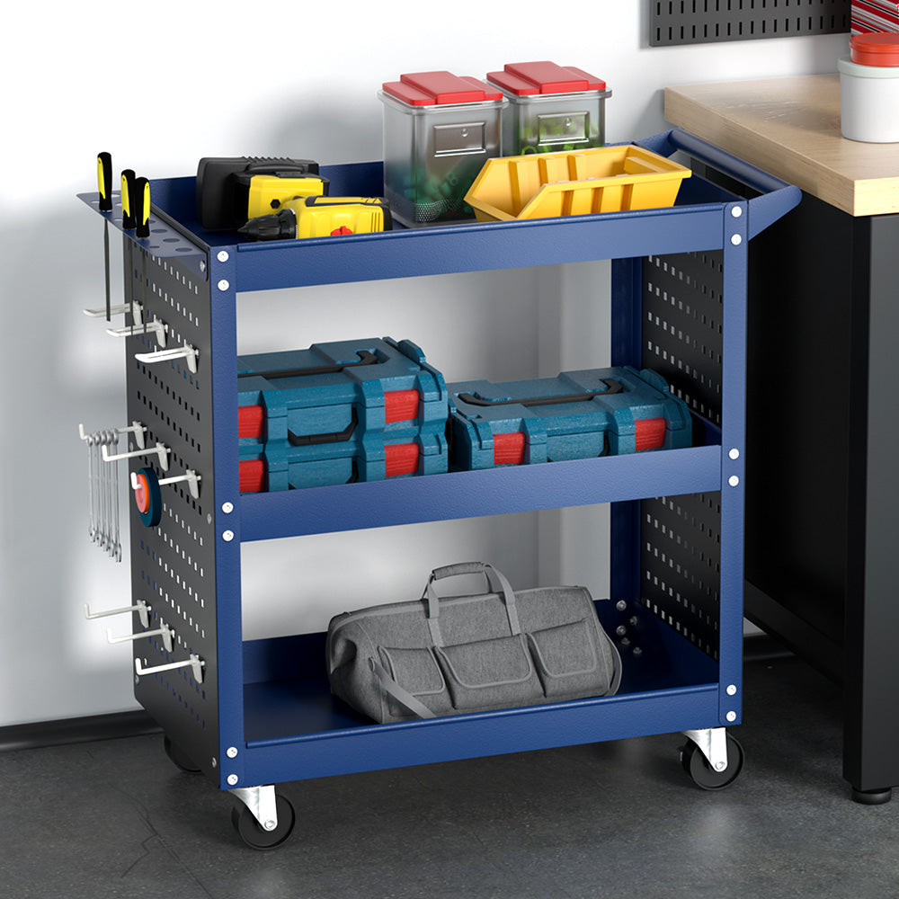 Utility Trolleys: Giantz 3-Tier Tool Cart Storage Trolley Workshop Garage Pegboard Hooks Blue