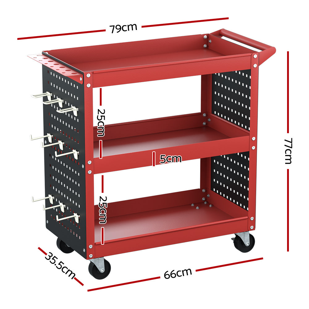 Utility Trolleys: Giantz 3-Tier Tool Cart Storage Trolley Workshop Garage Pegboard Hooks Red