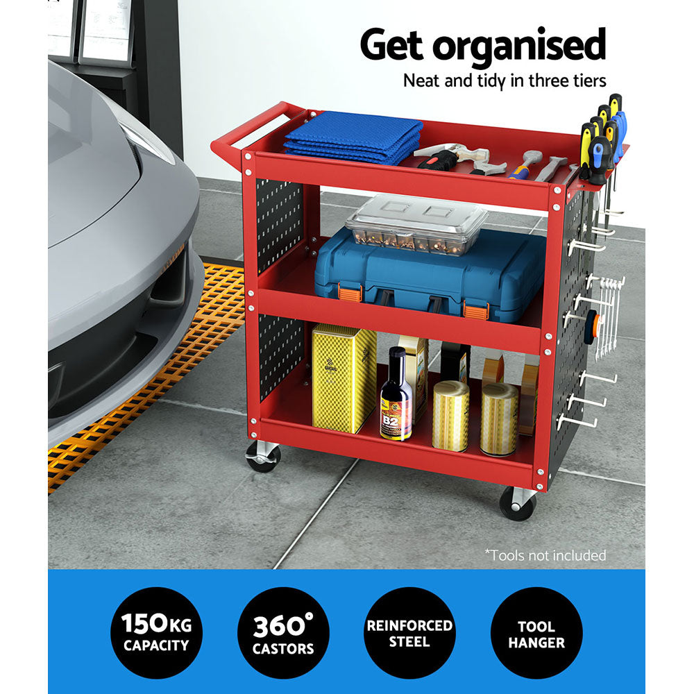 Utility Trolleys: Giantz 3-Tier Tool Cart Storage Trolley Workshop Garage Pegboard Hooks Red