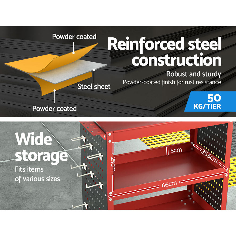 Utility Trolleys: Giantz 3-Tier Tool Cart Storage Trolley Workshop Garage Pegboard Hooks Red