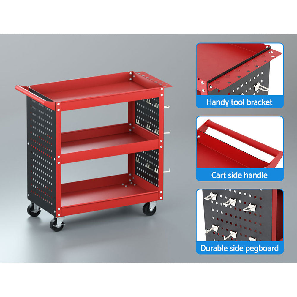Utility Trolleys: Giantz 3-Tier Tool Cart Storage Trolley Workshop Garage Pegboard Hooks Red